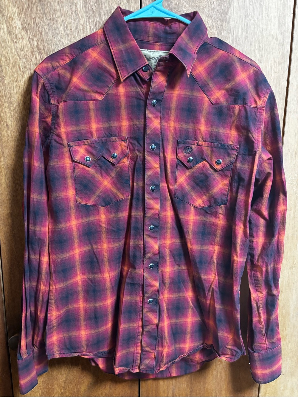 Wrangler Red and Orange Plaid Western Snap Shirt